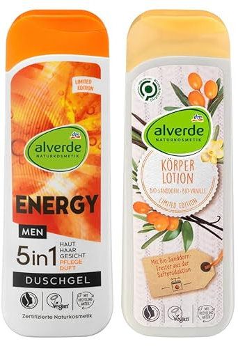 Alverde NATURKOSMETIK 2er-Set Hautpflege: 5in1 Duschgel ENERGY Pflegedusche für Haut, Haar, Gesicht mit Guarana Blutorange (250 ml) + Körperlotion SANDDORN VANILLE Pflege Bodylotion (250 ml), 500 ml