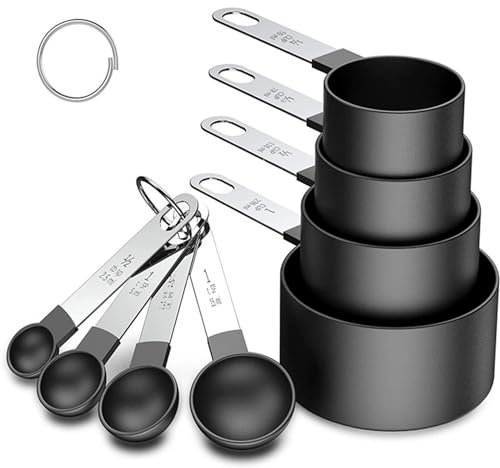 8PCS Measuring Cups and Spoons Set, Stainless Steel Handle Stackable Measuring Spoon Set for Measuring Liquids and Solids, Ideal Measuring Tool for Cooking and Baking (Black)