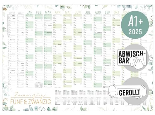 Häfft® abwischbarer Wandkalender 2025 groß Blattgold 89 x 63 cm (größer als A1) gerollt, Wandplaner für 15 Monate: Nov 2024 - Jan 2026 - nachhaltig & klimafreundlich