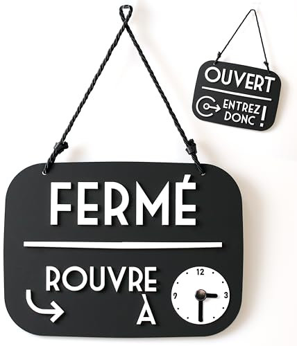 Panneau Ouvert Fermé Je reviens de suite avec Ventouse, vintage Retro - Horaire ouverture magasin modifiable avec Cadran à Aiguilles (Noir, Français)
