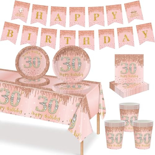 MORAINJAY 30. Roségold Partygeschirr Geburtstag 70 Teiliges Set. Pappteller, Pappbecher, Servietten, Papierbanner, 30 Jahre Party für Herren und Damen Geburtstag Tischdeko