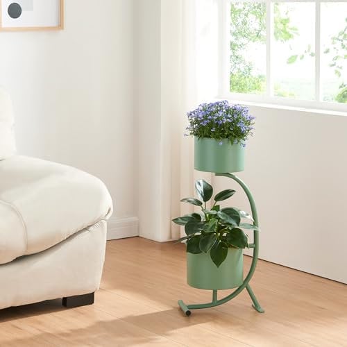 [en.casa] Porte-Plantes Style Intemporel avec 2 Cache-Pots Support de Plantes pour Intérieur Bac à Fleurs pour Salon Chambre Métal 63 x 29 x 21 cm Vert