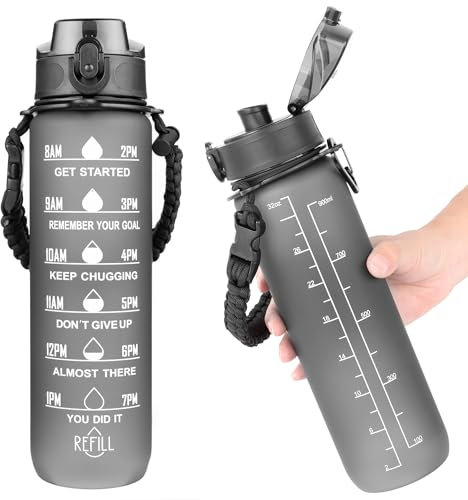 AiQInu Gourde Sport 1L, Bouteille d'eau avec Marqueur de Temps et sans BPA, étanche, Verrouillage Sécurisé, Poignée de Transport Tressée avec Cordon Parapluie pour la Gym
