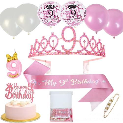 Neodtx 9. Geburtstag Mädchen 9 Jahre Rosa Geburtstagsdeko Schärpe Kinderkronen 11PCS Geschenk Set für 9 Geburtstagskrone Birthday Schärpe und Crown Tortendeko Luftballons Kerze 9th für Party Deko