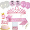 Neodtx 9. Geburtstag Mädchen 9 Jahre Rosa Geburtstagsdeko Schärpe Kinderkronen 11PCS Geschenk Set für 9 Geburtstagskrone Birthday Schärpe und Crown Tortendeko Luftballons Kerze 9th für Party Deko