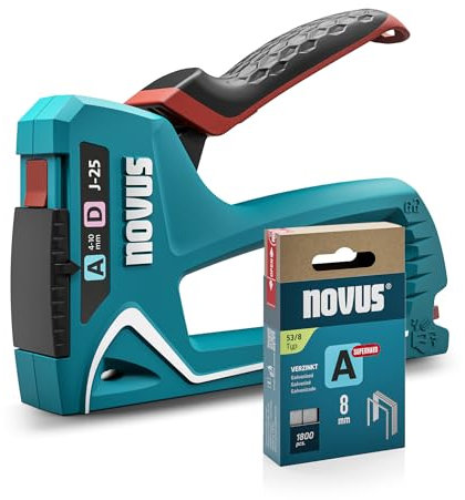NOVUS TOOLS Grapadora manual J-25 con 1800 grapas, pequeña 2 en 1 para madera, con palanca de agarre suave y mecanismo de carga inferior, para alambre fino y grapas de alambre plano de 4 a 10 mm