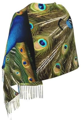 ASPOIJHN Schöner Pfau-Schal, stilvoller Fransen-Schal, lang, warm, Premium-Quastenschal, für alle Jahreszeiten, 196 x 68 cm, Schwarz , One size