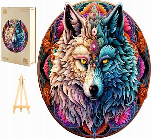 PASJO - Holzpuzzle Erwachsene mit Wolfmotiv 300 Teile 34x33,4 cm - Geschenkidee für Kinder - Holz Puzzle Wolf - Einzigartige Tierförmige Holz-Puzzle - Creative Jigsaw aus Holz für Erwachsene