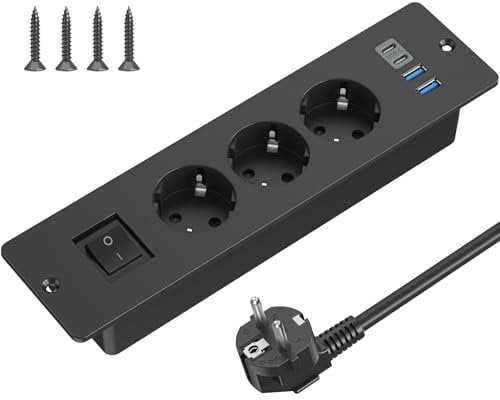 Tischplatte Versenkte Steckdose mit USB C, 3 Fach Einbausteckdose Steckdosenleiste mit Schalter, Tischsteckdose Mehrfachsteckdose mit 2m Kabel für Konferenztisch, Arbeitsplatte, Sofatisch (Schwarz)