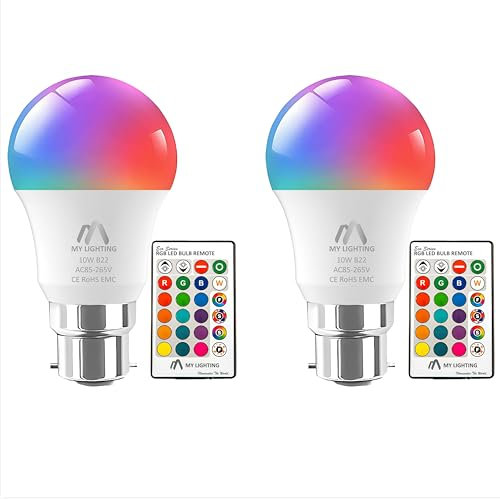My Lighting 10W B22 ECO Series Colour Changing Light Bulb Dimmable, LED Bulbs with Remote,RGB + Cool White 6000K, 16 Million Colour + 4 Modes, for Home Decore & Mood Lighting (Pack of 2)