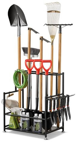 SereneHome Garden Tool Organizer – Heavy-Duty Carbon Steel Storage Rack for Garage, Shed & Yard – Rust-Resistant, Holds 100+ lbs of Garden & Lawn Tools – Black