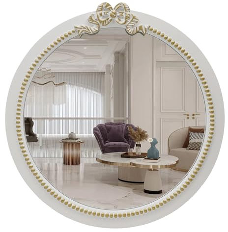 TopCity Runder weißer Vintage-Spiegel für Wanddekoration, kunstvoller antiker weißer Kosmetikspiegel, Vintage-Dekorspiegel für Wohnzimmer, Schlafzimmer, Barock-Dekor, Bauernhaus-Dekor (68 x 71 cm)