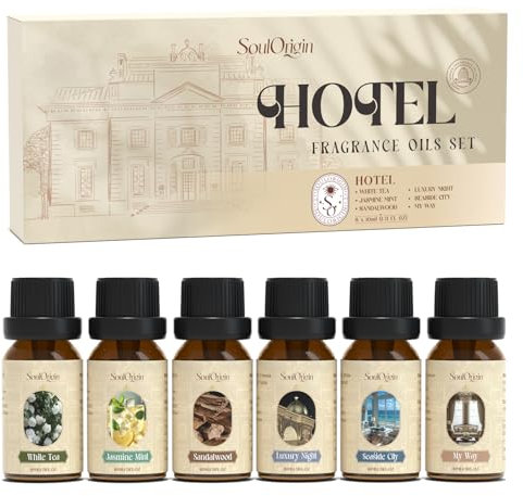 SoulOrigin Hotel Ätherisches Öle Set, Duftöl Set für Öl Diffuser, Duftöle für Seifenkarze Herstellung 6x10ml weißer Tee, Jasmin Minze, Sandelholz, Luxusnacht, Küstenstadt und meine Art