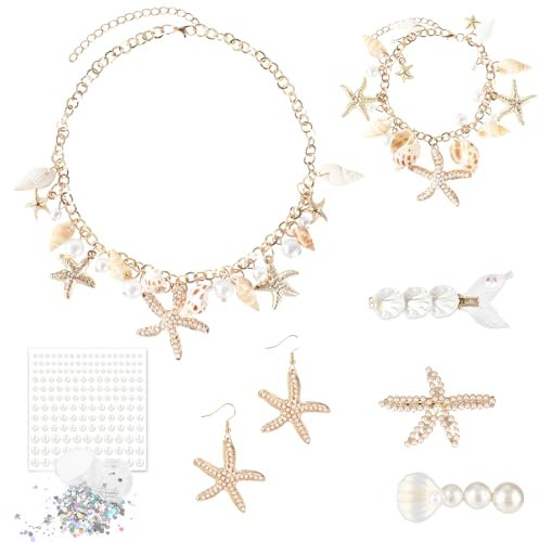 Beipegin Accessoires de Deguisement Sirene Femme Fille,Collier Coquillage Bracelet Coquillage Étoile de Mer Pince à Cheveux Paillettes Visage Costume Sirene Femme