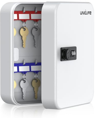 Uniclife Armoire à clés 20 positions avec serrure à combinaison réinitialisable Blanc Boîte de rangement numérique en acier pour clés avec étiquettes colorées étiquettes autocollants et crochets