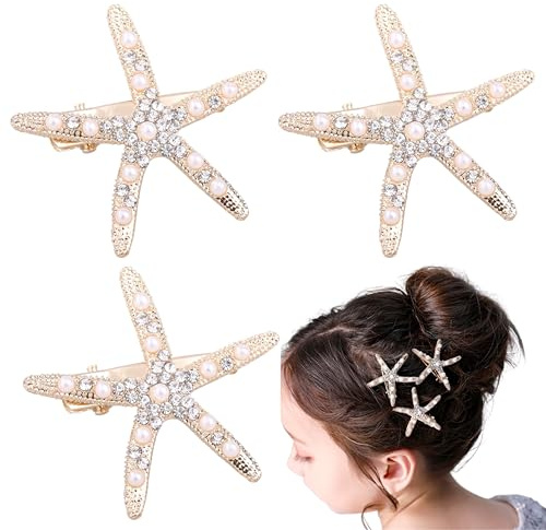 Esshogo 3 Stück Seestern Haarspangen, Goldene Seestern Haarspange, Seestern Haarschmuck, Meerjungfrau haarschmuck, Seestern haarschmuck, Accessoires für meerjungfrau Mädchen, Seestern haarband