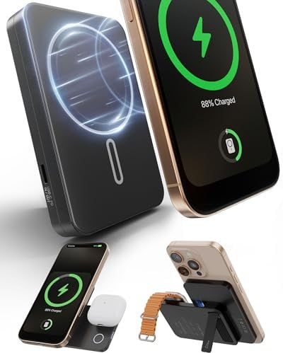 KU XIU Magnético Power Bank, 15W 3 en 1 Bateria Externa Carga Rapida, 5.000mAh Plegable Estación Carga Inalámbrica, Viaje Metal Bateria Portatil para iPhone 16 15 14 13 12, para iWatch, para Airpods