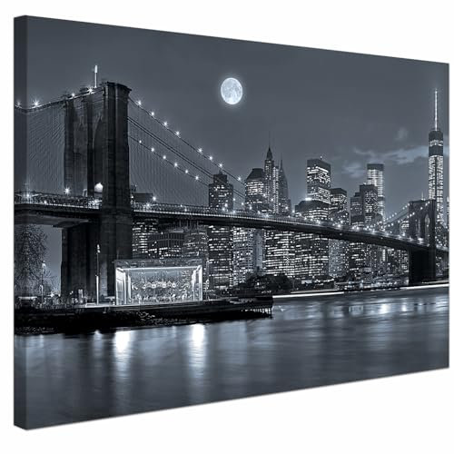 AREDE Bilder Wanddeko auf Leinwand Brooklyn Bridge Schwarz Weiß Art Decor Wohnzimmer Deko Zimmer Wandbilder Modern Bild | 60 x 40 cm | Fertig zum aufhängen