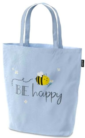la vida GmbH Baumwoll-Einkaufstasche mit Bienen-Design, BE Happy Motiv, Hellblau