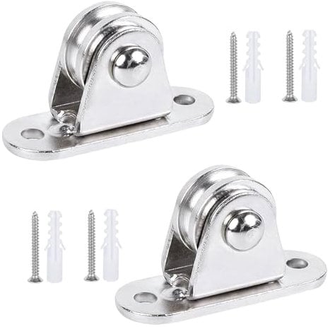 Puleggia a Blocco Fisso, 2 Pezzi Carrucole di rinvio in Metallo, Set di Carrucole Verticali con 4 viti e 4 Manicotti in Plastica Bianca, per Stendibiancheria, Sistema di Carrucole, Movimentazione