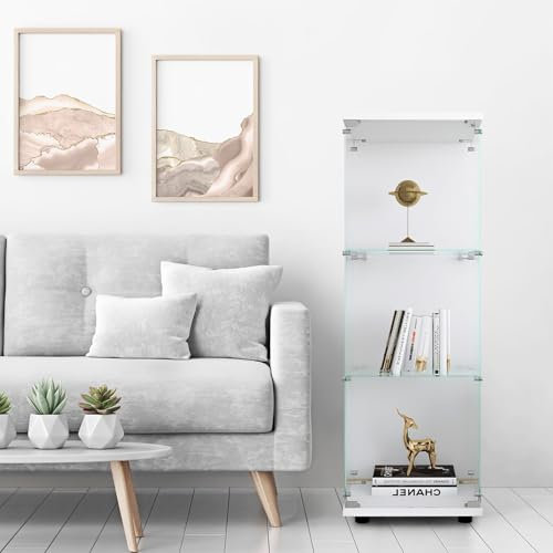 YNYHTER Glasvitrine für Wohnzimmer, 125 x 42 x 36 cm, Vitrine aus Glas mit Schloss und Tür, 3 Regale, transparent, groß, Sammlungsvitrine für Wohnzimmer Bar (3 Schichten, Weiß)