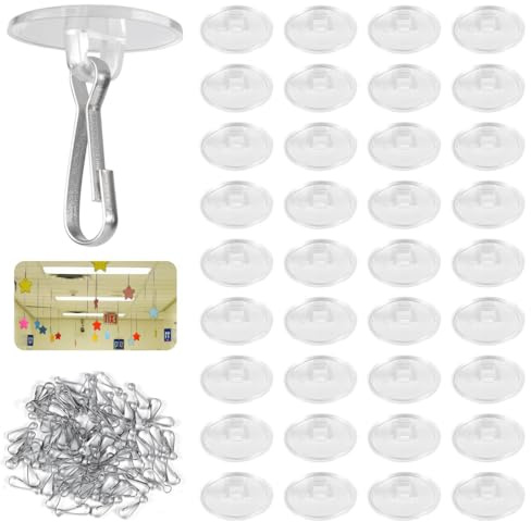 QEDBOJE 50 ganci autoadesivi per soffitto, ganci adesivi per montaggio a soffitto, non richiedono foratura, con clip per asta portabandiera, ganci decorativi per camera da letto e bagno (trasparenti)