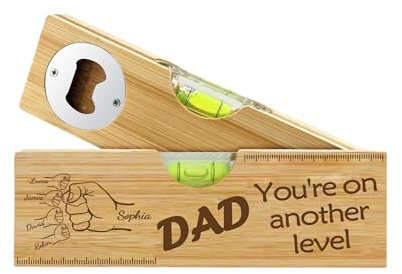 Custom Engraved Wooden Spirit Level Bottle Opener, Personalised Dad Bottle Opener with Kids Name, Fist Bump Dad Gifts for Fathers Day, Birthday, Christmas
