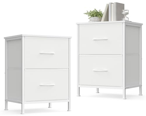 SONGMICS Nachttisch mit 2 Schubladen, Beistelltisch, Stahl, 2er Set | Nachttisch, für Schlafzimmer, Modern basic, Wolkenweiß, BELLAH Kollektion LGS112WH01