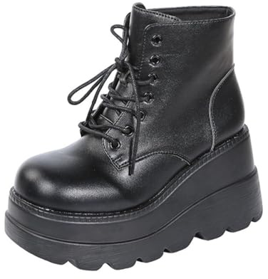 Glamidea Stivaletti con Lacci Neri a Plateau da Donna Stivali Casual in Pelle Verniciata Punk Gotico con Tacco a Zeppa Eleganti Stivaletti Invernali Comodi da Moto alla Moda