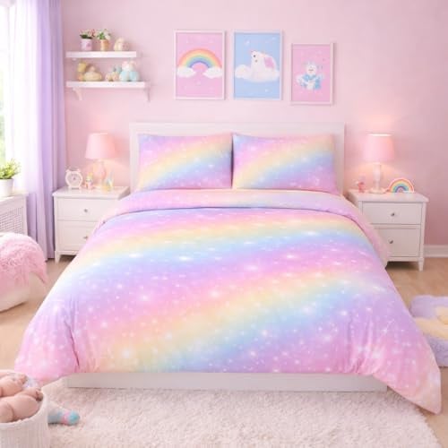 Ranedo Regenbogen Galaxis Bettwäsche 135x200 cm Kinder, Einzelbett Bettwäsche Set für Teenager Mädchen mit 2 Kissenbezügen 80x80 cm, Mikrofaser, Reißverschluss, Rosa