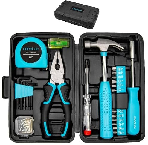 Cecotec Werkzeugbox ToolBox EasyGo. Mini-Set mit Hammer, Maßband, Zange, Wasserwaage, Fein-Schraubendreher & Bithalter, plus 68-tlg. Bits/Schrauben/Inbus, CR-V, leicht, kompakt und mobil