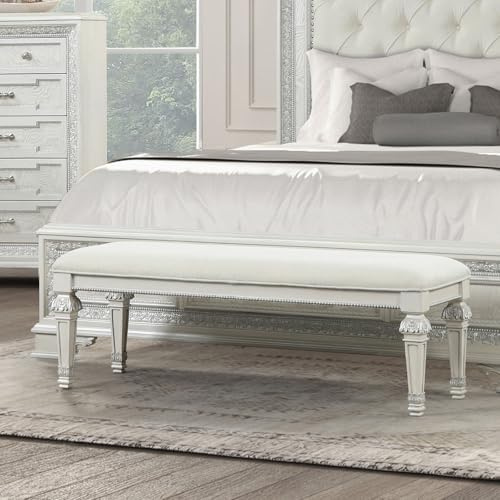 Klaczituj Metal Silver Finish Traditional Bench Ornated Round Knobs Diamond-Button tufting adds a Classic Look, Creamy White