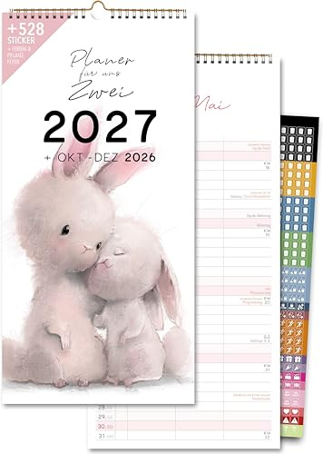 Schöne Güter® Paarkalender 2027 Familienkalender 3 Spalten 16 x 32,5 cm TIER-ILLUSTRATIONEN Süßer Paarplaner für zwei mit niedlichen Tier-Paaren inkl Organisationssticker und Feiertage