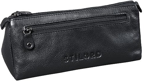 STILORD 'Alexis' Vintage Leder Etui Stiftemappe mit 2 Fächern und Reißverschluss Federtasche Federmäppchen Schlampermäppchen Echtes Leder, Farbe:schwarz