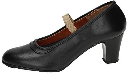 ZAPATOP 24 Zapatos de Baile Profesional de Piel, con elástica y Clavos en el talón, Hechos en España NIÑA Zapatos TACÓN Negro 36