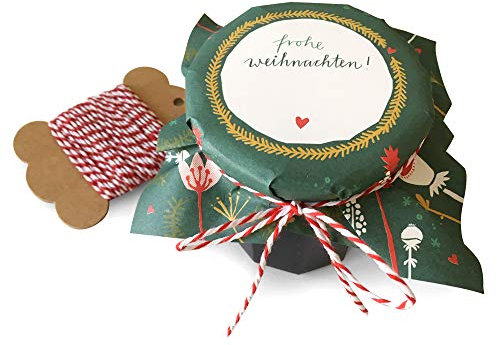 25 Marmeladendeckchen - Frohe Weihnachten - Gläserdeckchen grün für Marmelade, Marmeladengläser & Einmachgläser, Recyclingpapier Abreißblock + 10 m Garn + Justiergummi, Blumen & Tannenzweige