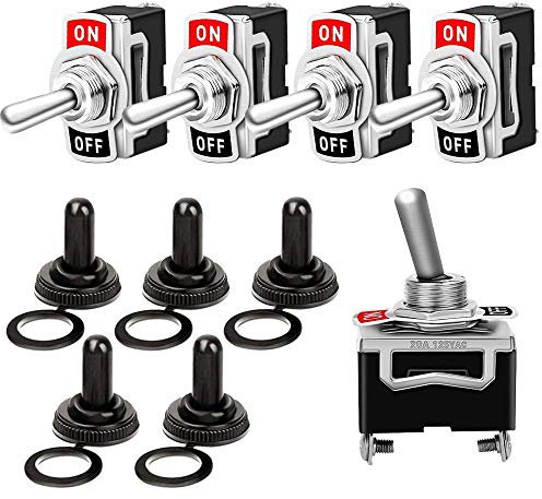 FULARR 5Pcs Profesional Coche Interruptor Palanca con Tapa Impermeable, ON-OFF 2 Posiciones 2 Pines SPST Metal Auto Conmutador Basculante, para Coche Auto Camión Barco –– 20A 125VAC / 15A 250VAC