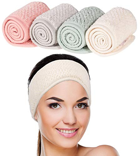 Whaline 4 Pack Spa Facial Headband Makeup Hair Wrap Adjustable Hair Band Soft Towel Head Band for Face Washing, Shower Sports Yoga (Pea Green, Pink, Beige, Light Gray)