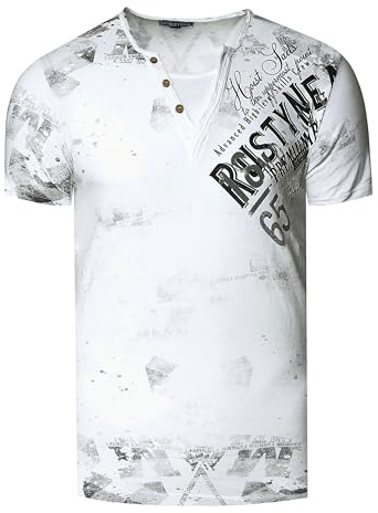 T-Shirt Herren Verwaschen Used Look Seitlicher Logo Print Rundhals mit Knopfleiste V-Neck Optik 240, Farbe:Weiß, Größe:M