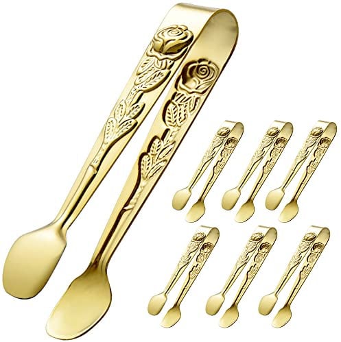 HINMAY 6PCS Mini Serving Tongs 4 Inches Small Rose Sugar Cube Tongs (Gold)