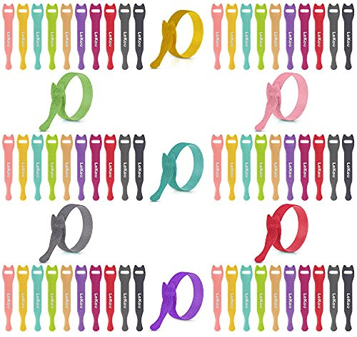 Lekou® Kabel Klettband, 60 Stück 10cm Kabelbinder Wiederverschließbar Klettkabelbinder Kabelklett Klettverschluss Selbstklebend mit Hochwertigem Nylonmaterial -10 Farben