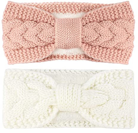 Telgoner Stirnband Damen Winter, 2 Pcs Stirnbänder Strick, Haarband Ohrenwärmer Elastische, Haarbänder Verdicken Headwrap Kopfband für Damen/Frauen/Mädchen(Weiß+Rosa)