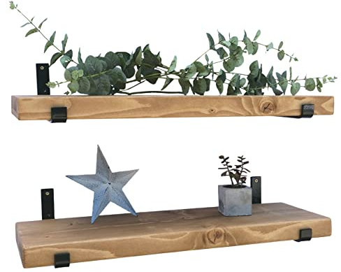 Masterplank Wooden Floating Shelves (Set of 2, 50 cm Long), Rustic Wall Mounted Shelf Board with Seated L Black Brackets - Reclaimed Timber & Handmade Bathroom, Living Room