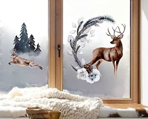 wolga-kreativ Fenster Fensterbilder Glasdekorfolie Motiv Fensterfolie FenstertattooWinter Weihnachten Advent Hirsch Hase Aufkleber Fenster wiederverwendbar Kinderzimmer Deko