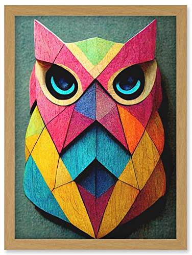 Doppelganger33 LTD Geometric Rainbow Owl Picture Abstract Multi Coloured Artwork Framed Wall Art Print A4