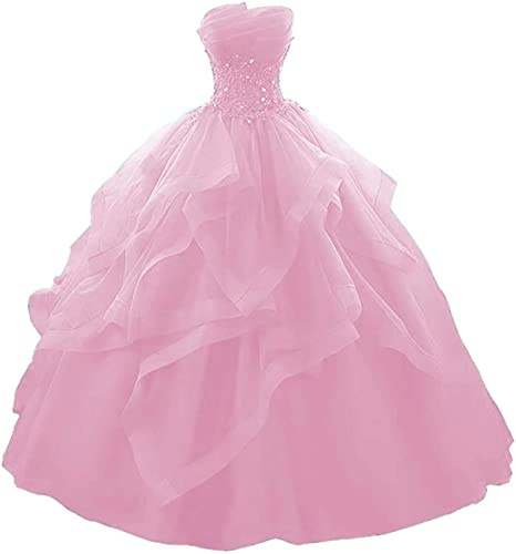 WSEYU Lungo Ruffles Ball Gown Abiti Quinceanera Abito da sera principessa in pizzo senza spalline Tulle perline, rosa, 44