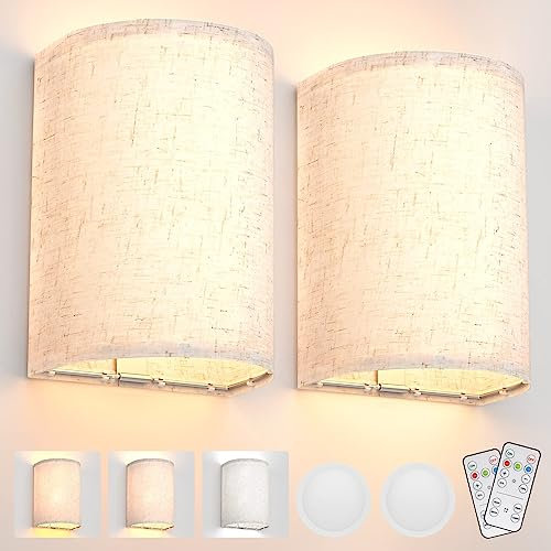 LABOREDUCER Wall Lights Sconces Set of Two,Rechargeable Battery Operated Wall Lights with Remote,Dimmable Brightness and 3 Color Temperature Wall Light with Fabric Shade for Bedroom Living Room