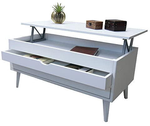 LoMasCasa Couchtisch für Wohnzimmer, höhenverstellbar, Modell Luzia 2 mit zwei ausziehbaren Schubladen in Weiß, Maße 100 x 50 x 47 cm