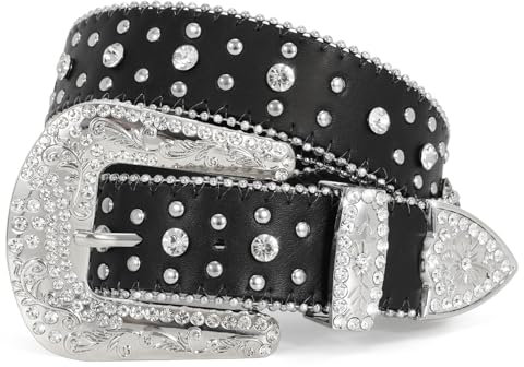 WERFORU Strass Nietengürtel für Damen Männer Western Ledergürtel für Cowgirl Cowboy Vintage Bling Gürtel für Hosen Kleid