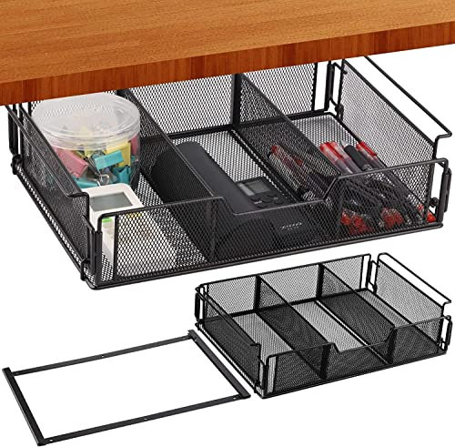 BestAlice Under Desk Drawer Storage Hanging Storage Organizer, Black Metal Underdesk Drawer Slide Out with Space Divider Design for Office Home School Accessories